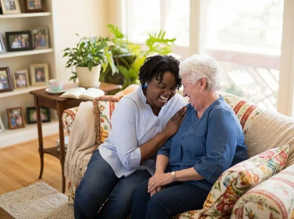 Compassionate carer providing friendly home care support to an elderly client in Croydon.
