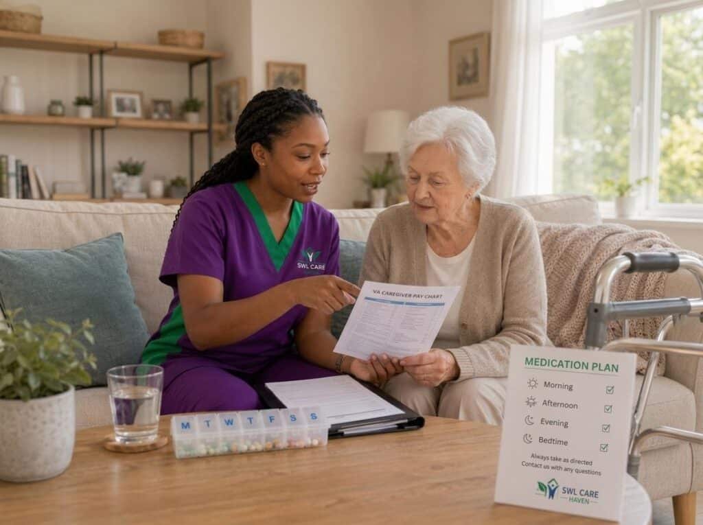 Compassionate SWL Care Haven carer discussing a personalized care plan with a senior in Croydon.