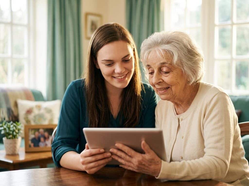 Compassionate carer supporting an elderly woman with home care technology in Croydon.