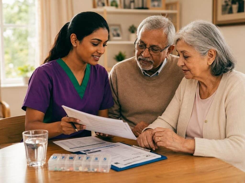 Compassionate carer reviewing care documents with an elderly couple in Southwest London.