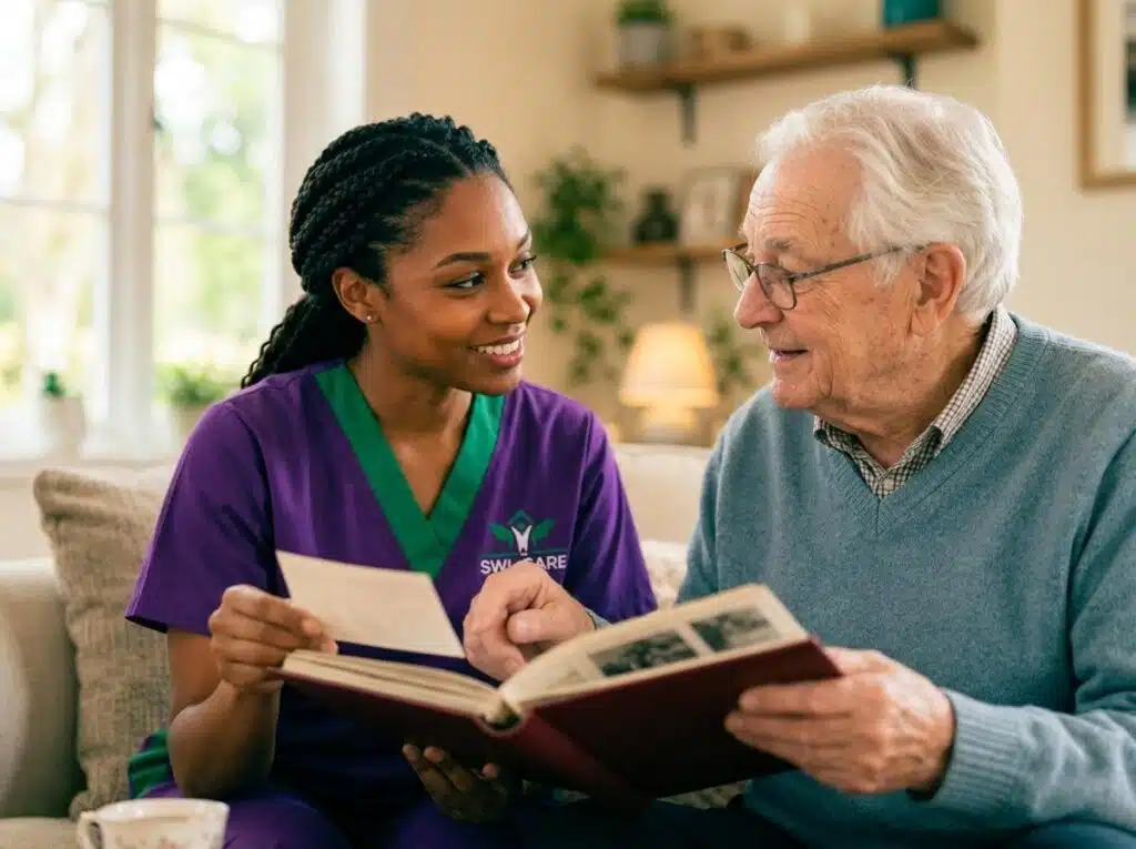 Compassionate SWL Care Haven carer supporting an elderly man in his Croydon home.