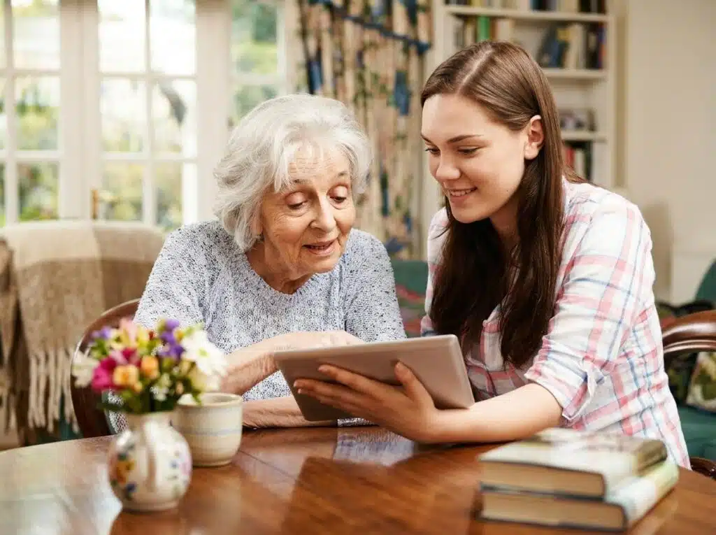 Compassionate carer supporting an elderly woman with technology in a Croydon home.